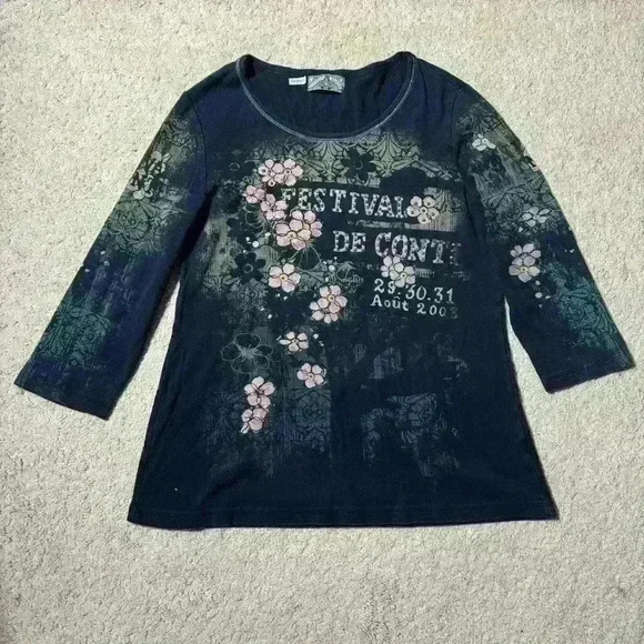 🔥Y2K VTG Vanilla Sugar graphic long-sleeve  with gem detailing western pattern - Picture 1 of 5